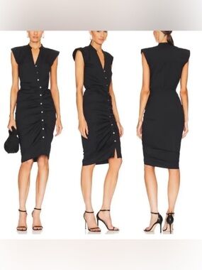 Veronica Beard Black Sleeveless Button-Front Ruched Midi Dress